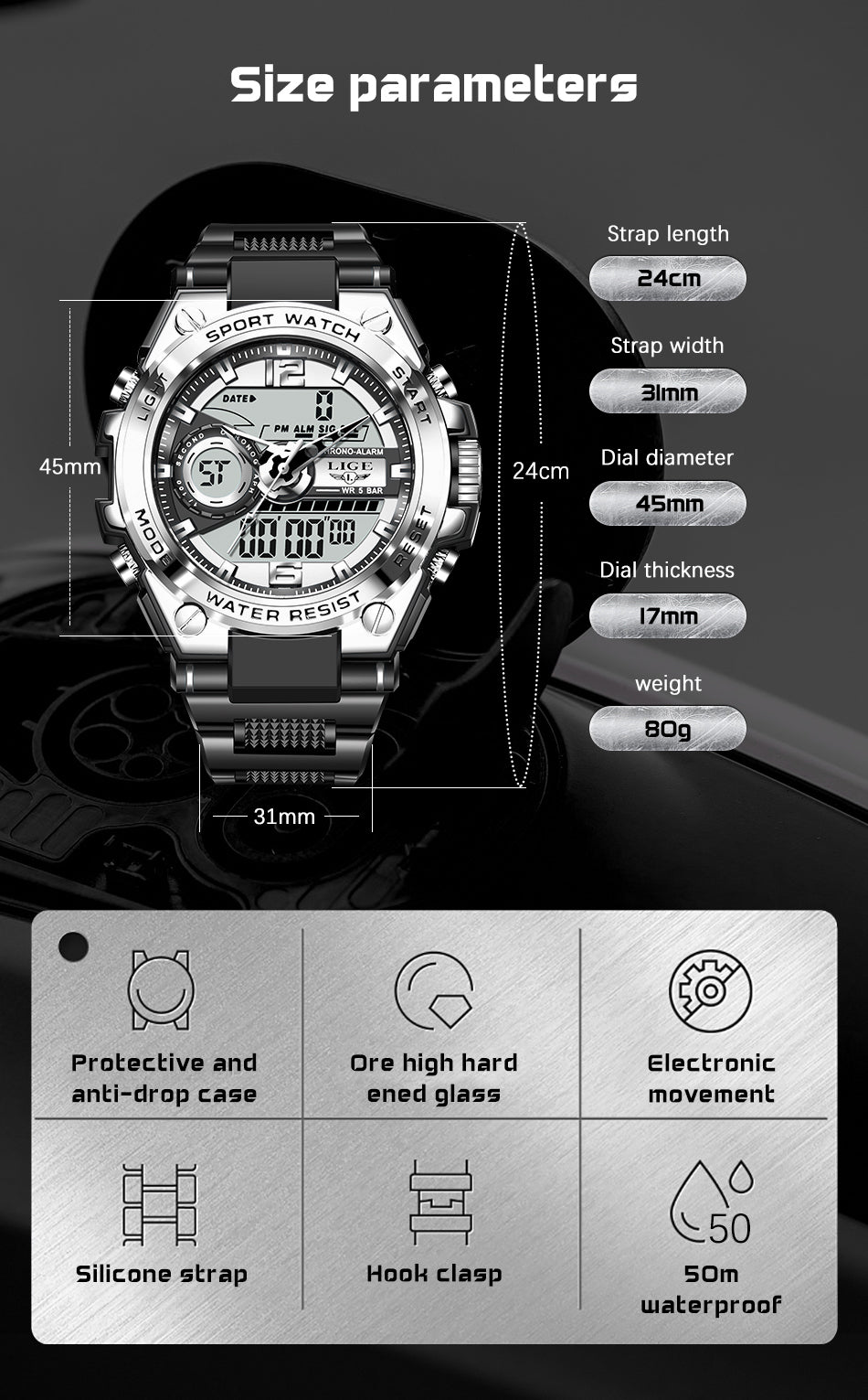 Men's and Women's Sports Watch 50m Waterproof LED Quartz Clock - FitZone360