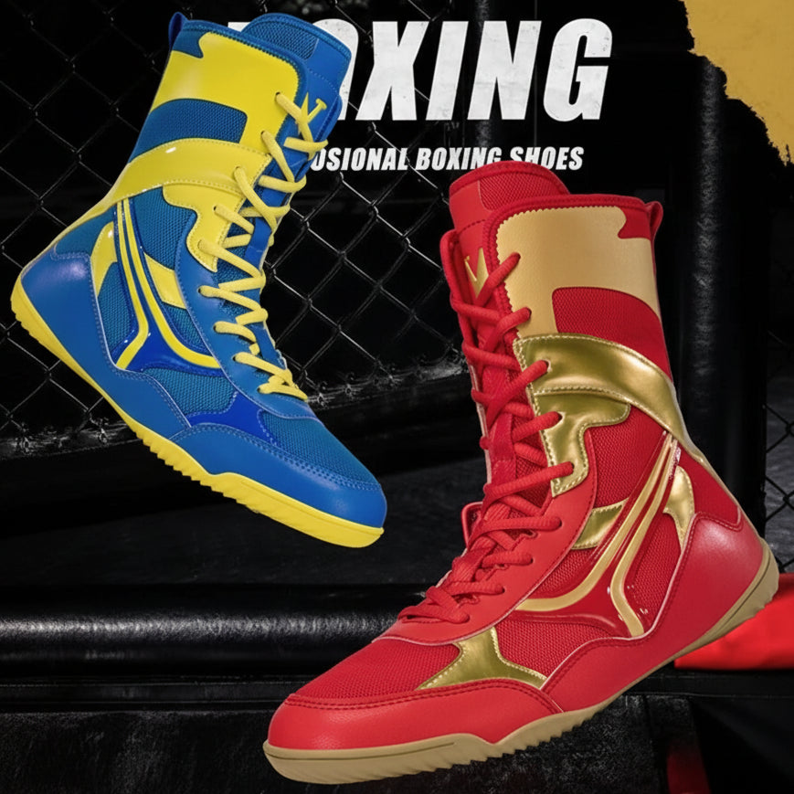 Red and blue boxing shoes with gold accents on a black background