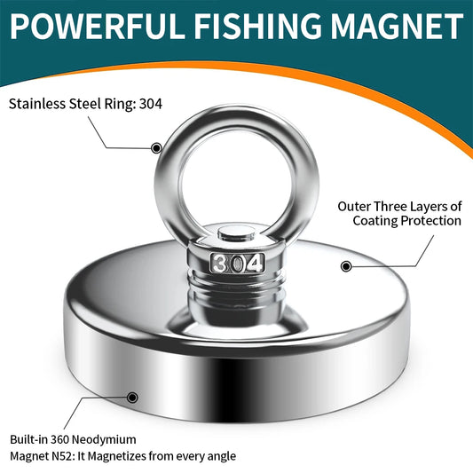 Heavy-Duty Neodymium Salvage Magnet | Strong Fishing Magnet with Ring Eyebolt for Deep Sea Treasure Fishing - FitZone360