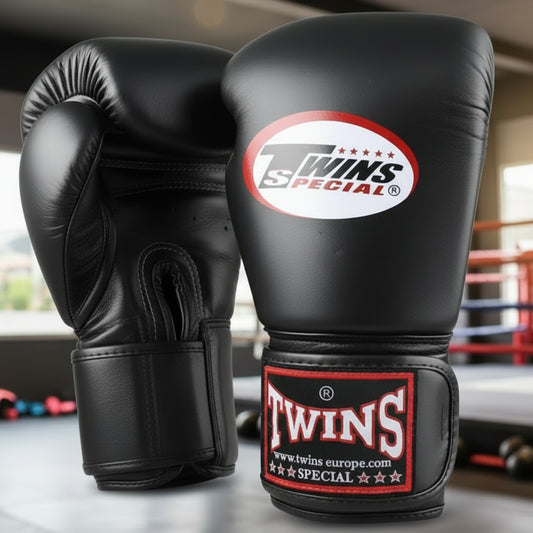 Black boxing gloves with Twins Special logo on a white background