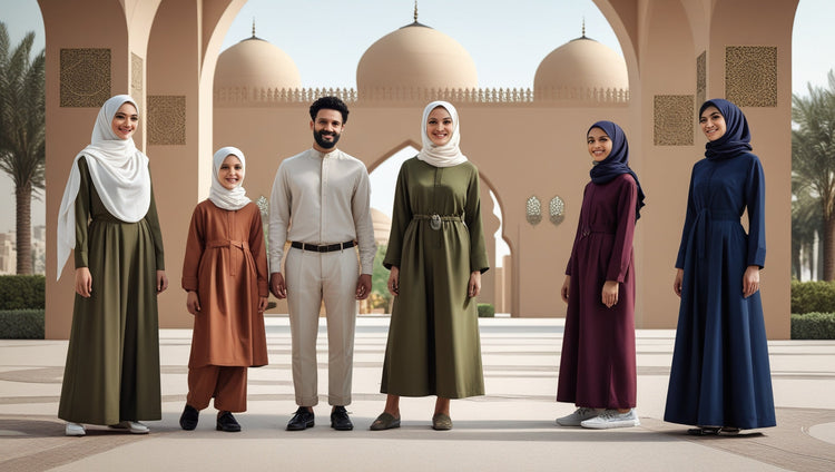 "Muslim family in modest modern outfits in front of a mosque, representing Deen & Dunya Styles collection."