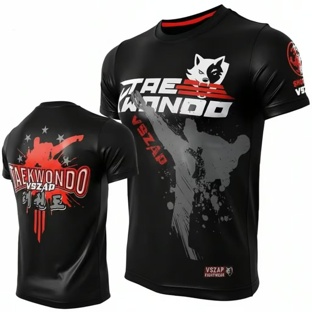 Black short-sleeve athletic t-shirt shown from the front and back, featuring a large white and red Tae Wondo graphic with a wolf logo on the chest, a red and white graphic on the back, and VSZAP branding near the hem and sleeve.