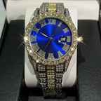 Luxury Men's Diamond Watch – Emerald, Red & Blue Dial | Roman Numerals & Quartz Movement
