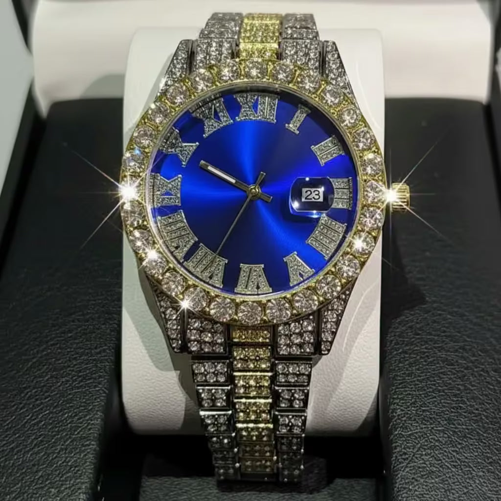 Luxury Men's Diamond Watch – Emerald, Red & Blue Dial | Roman Numerals & Quartz Movement