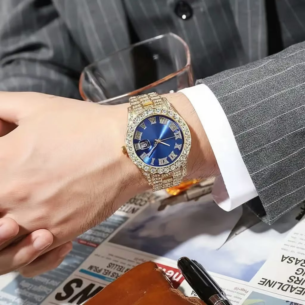 Luxury Men's Diamond Watch – Emerald, Red & Blue Dial | Roman Numerals & Quartz Movement