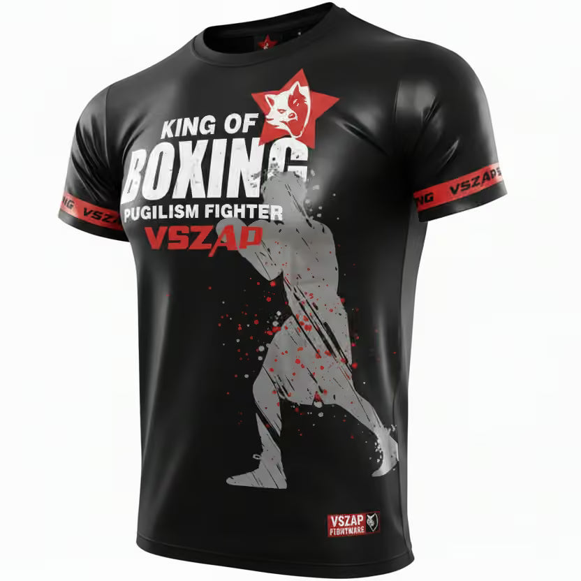 A black short-sleeve athletic t-shirt with a boxing graphic. The design features a large white 'KING OF BOXING' text, a red star logo with a white wolf head, and a gray silhouette of a boxer with red splatter details.