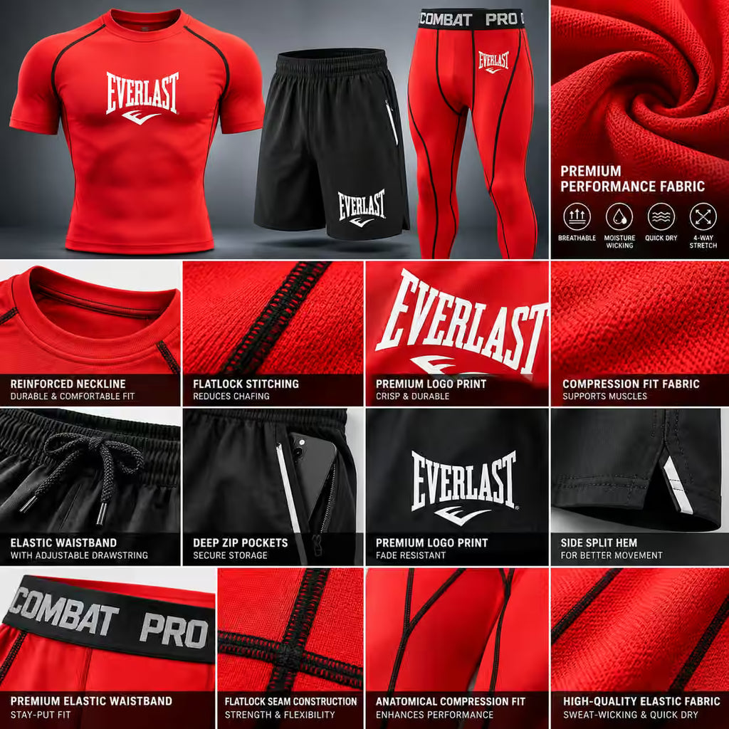 Everlast 3 Piece MMA Compression Rash Guard Training Set – T-Shirt, Shorts & Leggings