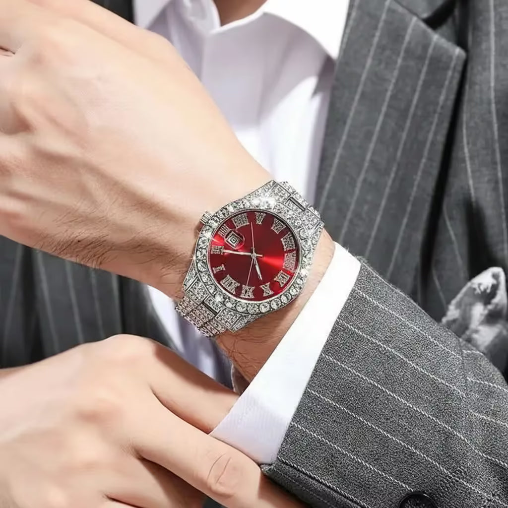 Luxury Men's Diamond Watch – Emerald, Red & Blue Dial | Roman Numerals & Quartz Movement