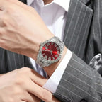 Luxury Men's Diamond Watch – Emerald, Red & Blue Dial | Roman Numerals & Quartz Movement