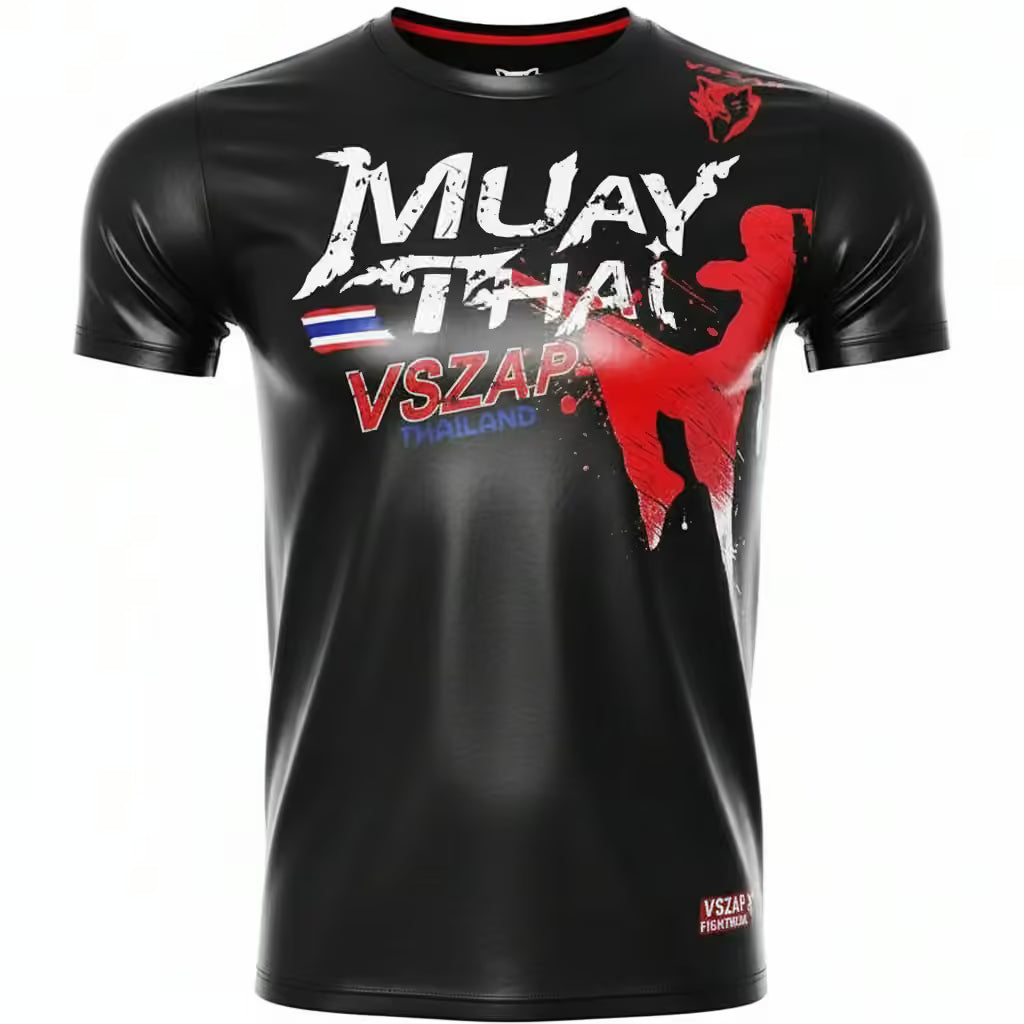 A black short-sleeve athletic t-shirt featuring a large 'MUAY THAI' graphic on the chest with a red and white martial arts silhouette, 'VSZAP THAILAND' text, and a small red logo near the collar and lower hem.