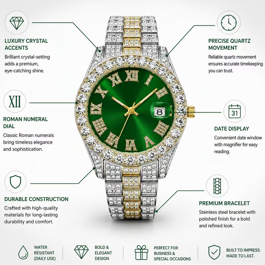 Luxury Men's Diamond Watch – Emerald, Red & Blue Dial | Roman Numerals & Quartz Movement