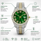 Luxury Men's Diamond Watch – Emerald, Red & Blue Dial | Roman Numerals & Quartz Movement