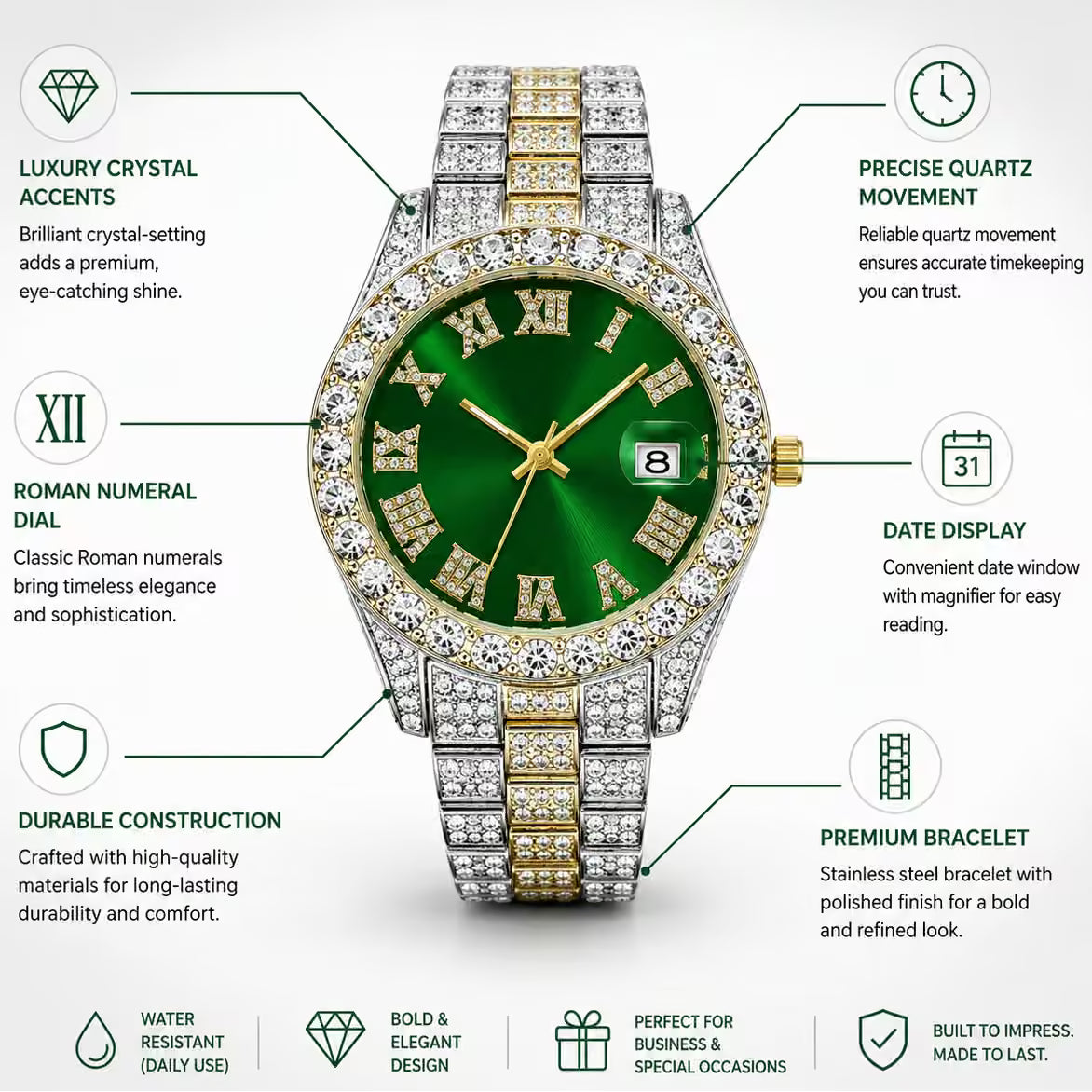 Luxury Men's Diamond Watch – Emerald, Red & Blue Dial | Roman Numerals & Quartz Movement