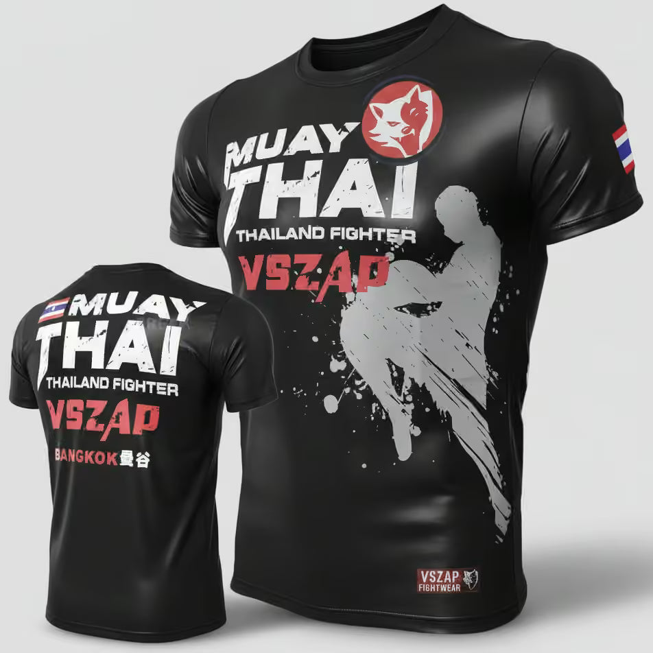 Black short-sleeve Muay Thai fight shirt shown from front and back on a light gray background. The front features white and red text reading 'MUAY THAI THAILAND FIGHTER VSZAP' with a large gray silhouette graphic, and the back is mostly black with the same front graphics.