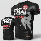Black short-sleeve Muay Thai fight shirt shown from front and back on a light gray background. The front features white and red text reading 'MUAY THAI THAILAND FIGHTER VSZAP' with a large gray silhouette graphic, and the back is mostly black with the same front graphics.