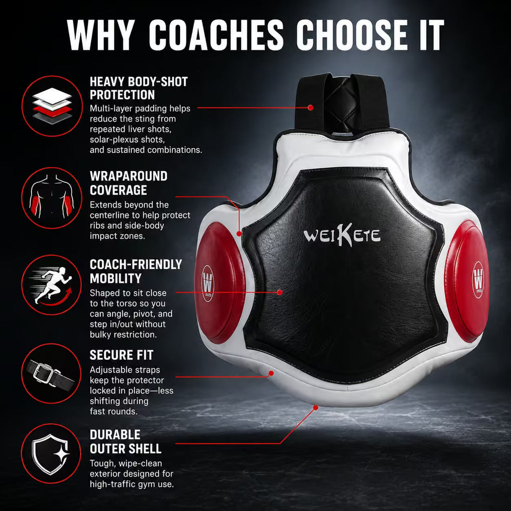 WeiKete protective gear with features highlighted on a dark background