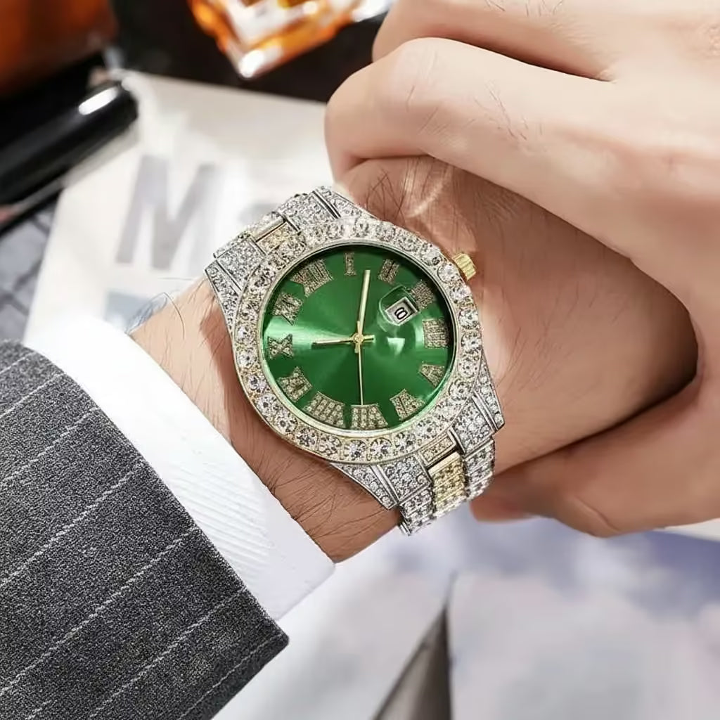 Luxury Men's Diamond Watch – Emerald, Red & Blue Dial | Roman Numerals & Quartz Movement