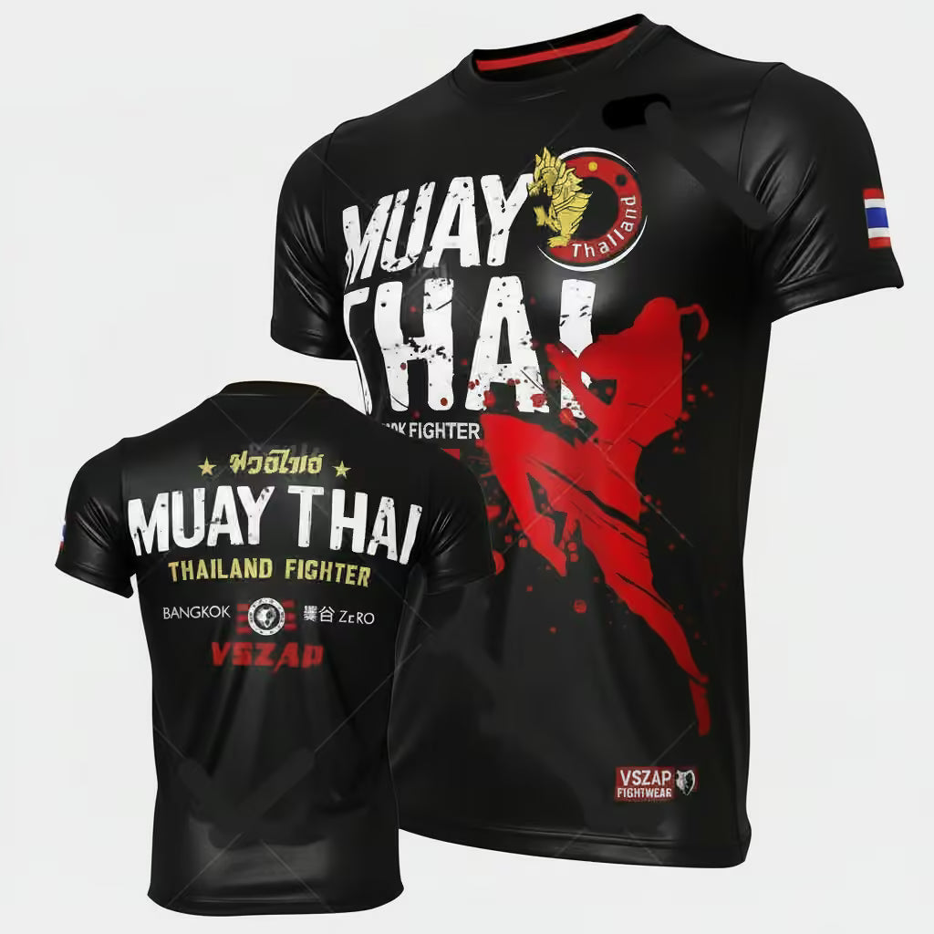 Black short-sleeve Muay Thai fighter t-shirt shown from both front and back, featuring white and red graphics, Thai flag sleeve detail, and VSZAP branding.