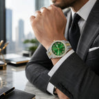 Luxury Men's Diamond Watch – Emerald, Red & Blue Dial | Roman Numerals & Quartz Movement