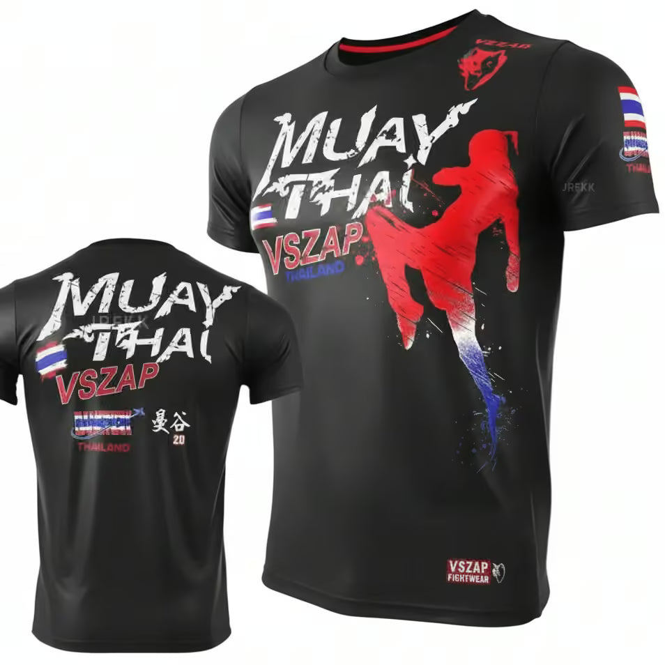 Black short-sleeve athletic t-shirt shown from both front and back, featuring large white 'MUAY THAI' text, red and blue graphic elements, and 'VSZAP' branding on a white background.
