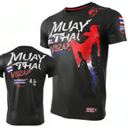 Black short-sleeve athletic t-shirt shown from both front and back, featuring large white 'MUAY THAI' text, red and blue graphic elements, and 'VSZAP' branding on a white background.