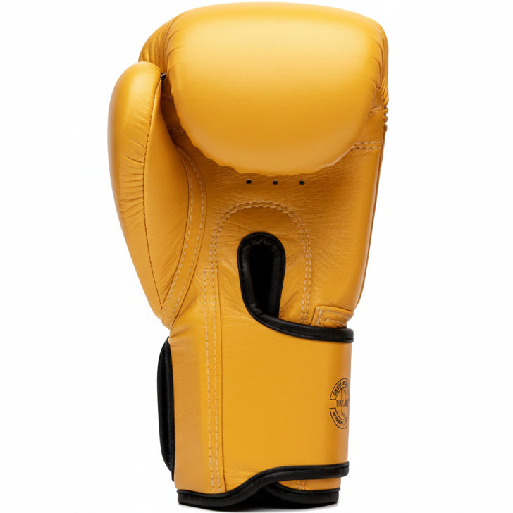 Yellow boxing gloves with black logos on a white background