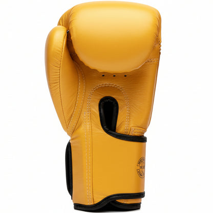 Yellow boxing gloves with black logos on a white background