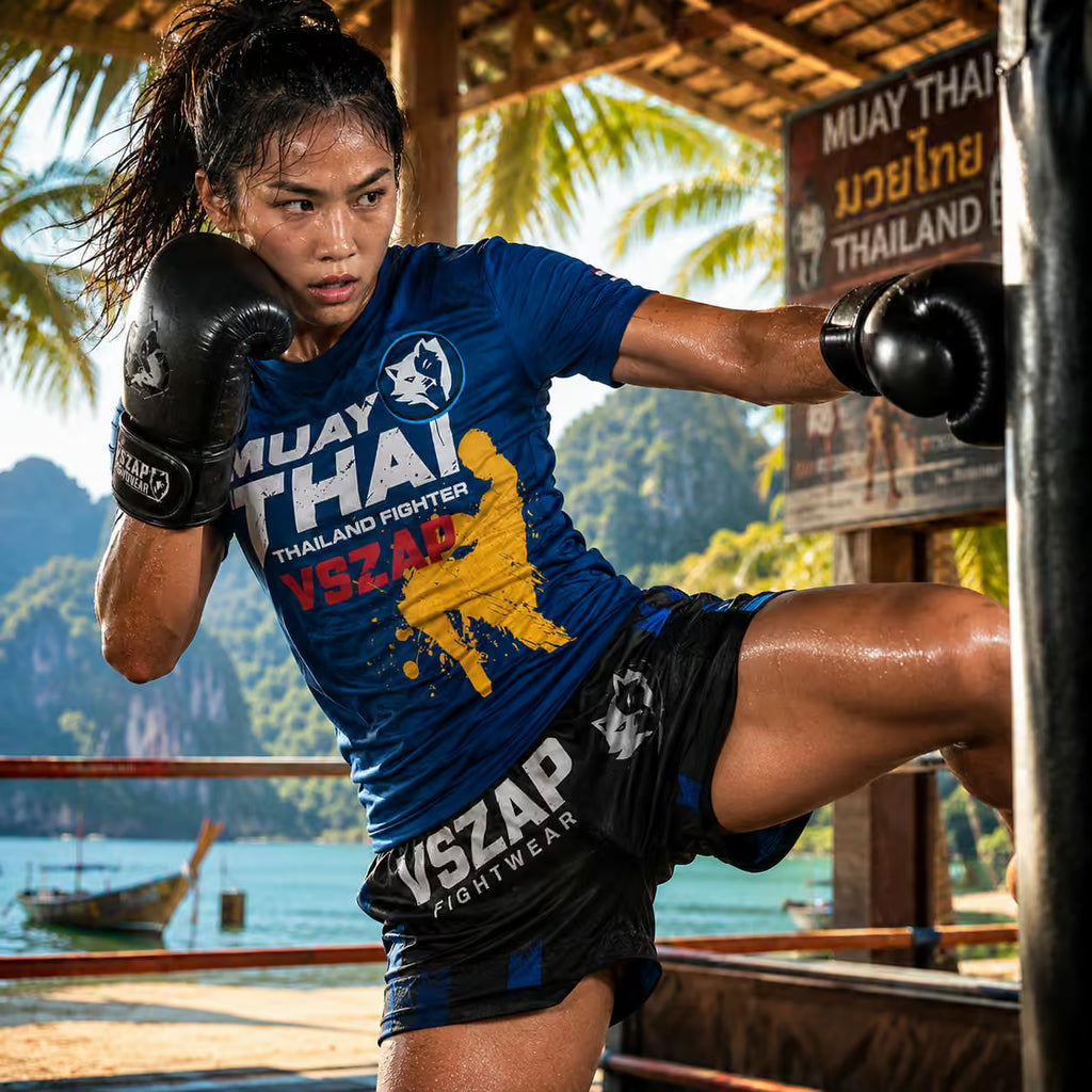 Person in Muay Thai gear practicing in a scenic outdoor setting with mountains and water.