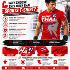 Red Muay Thai sports t-shirt with branding and features highlighted on a white background.