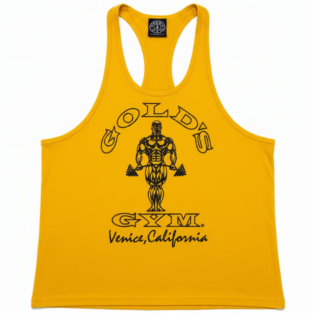 A yellow athletic tank top with a black graphic print of a bodybuilder and the text 'GOLD'S GYM Venice, California' on the front, displayed against a plain white background.