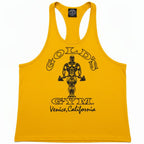 A yellow athletic tank top with a black graphic print of a bodybuilder and the text 'GOLD'S GYM Venice, California' on the front, displayed against a plain white background.