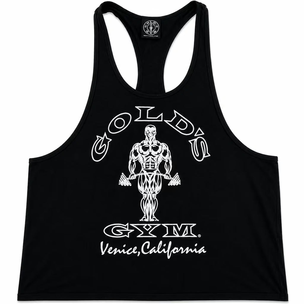 A black racerback tank top featuring a white graphic print of a muscular bodybuilder with the text 'GOLD'S GYM Venice, California' on the front.