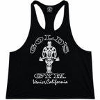 A black racerback tank top featuring a white graphic print of a muscular bodybuilder with the text 'GOLD'S GYM Venice, California' on the front.
