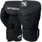 A pair of black Hayabusa boxing gloves on a solid white background, showing the front and back details of the gloves.