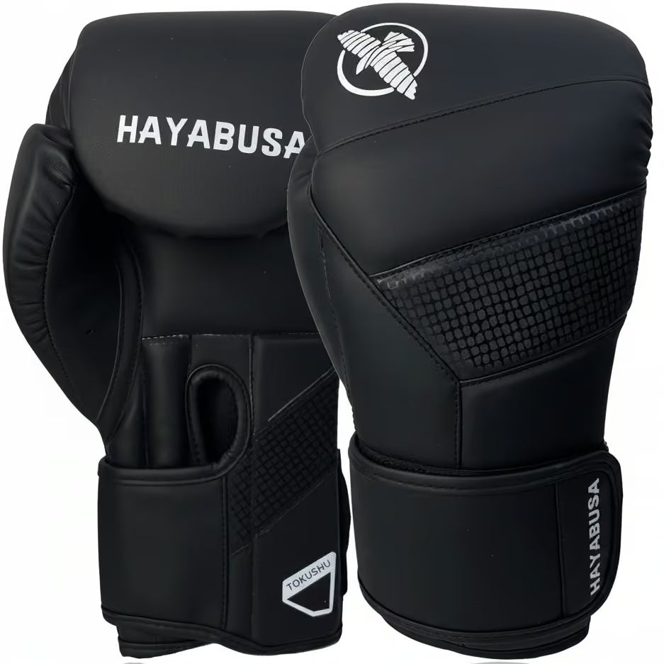A pair of black Hayabusa boxing gloves on a solid white background, showing the front and back details of the gloves.