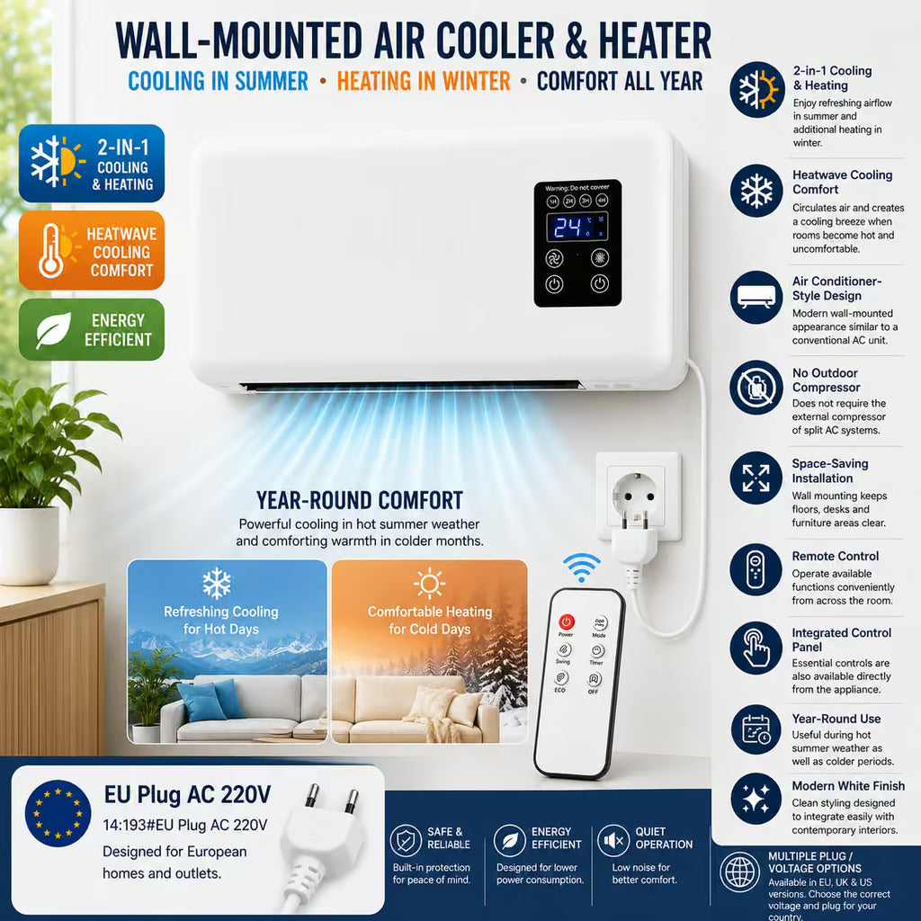 Wall-Mounted Air Cooler-Heater | Air Conditioner-Cooling Fan Heater with Remote Control