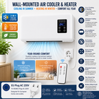 A wall-mounted air cooler and heater appliance shown in a clean product render with promotional text, icons, and a remote control. The device is white with blue and orange accents, mounted above a sofa in a living room scene.