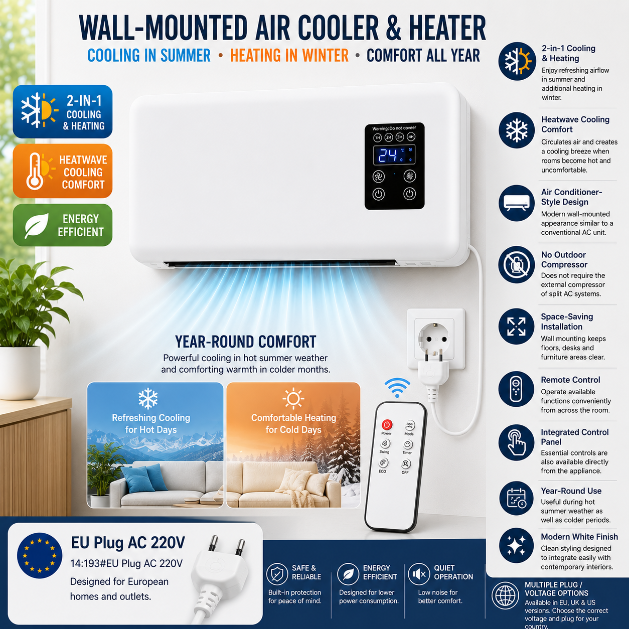 A wall-mounted air cooler and heater appliance shown in a clean product render with promotional text, icons, and a remote control. The device is white with blue and orange accents, mounted above a sofa in a living room scene.