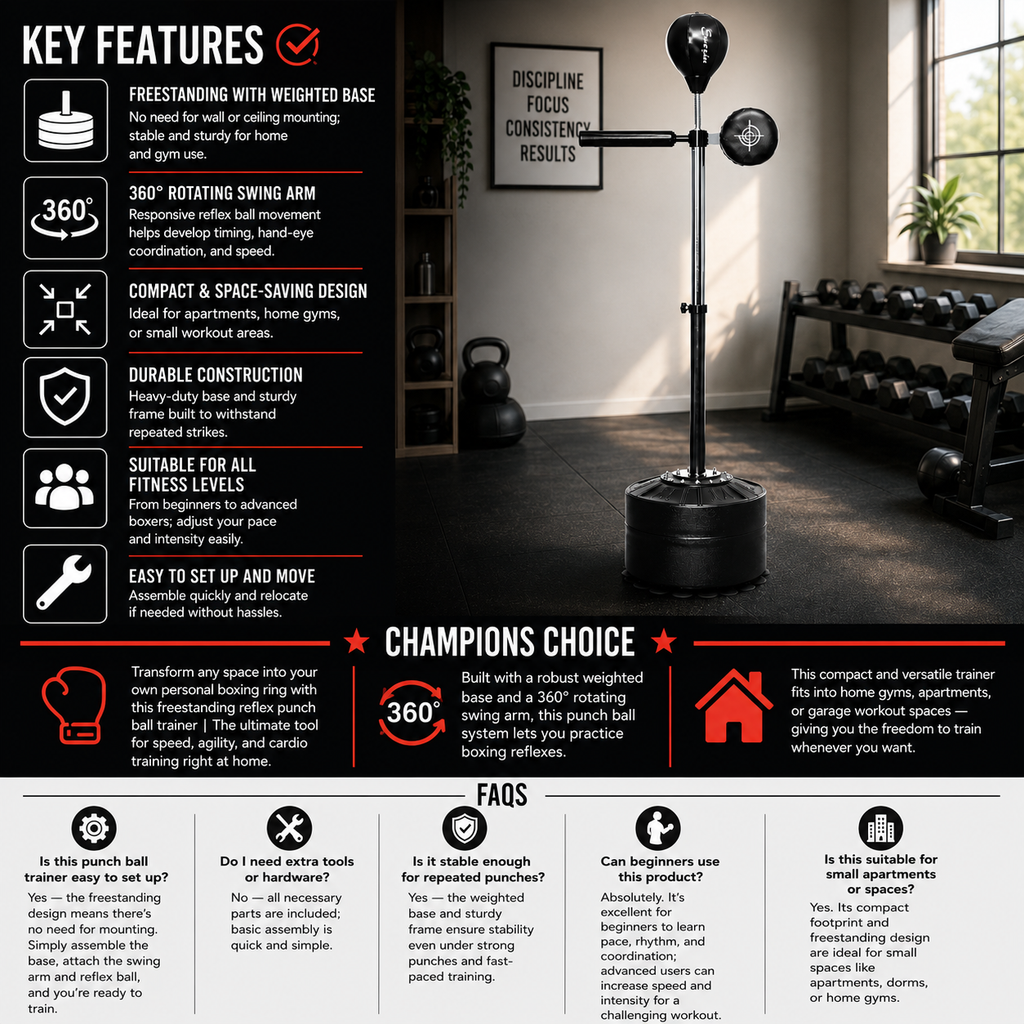 Freestanding Reflex Punch Ball | 360° Spinning Boxing Trainer for Home & Gym Workouts - FitZone360