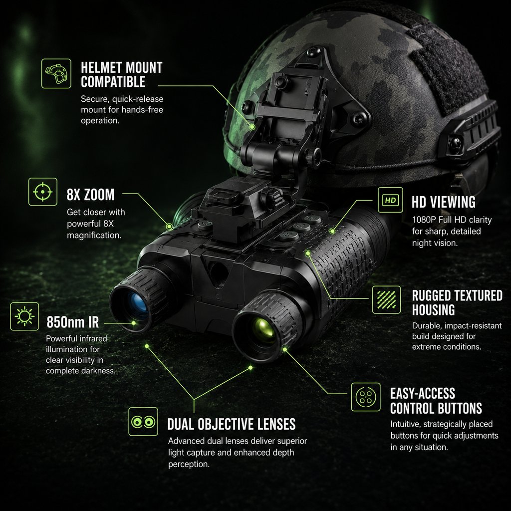 NV8160 1080P Digital Infrared Night Vision Binoculars with Helmet Mount