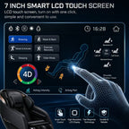 A 7-inch smart LCD touch screen controller shown on a massage chair, with a stylized hand touching the screen and feature icons around it. Text highlights touch screen features and massage chair controls.