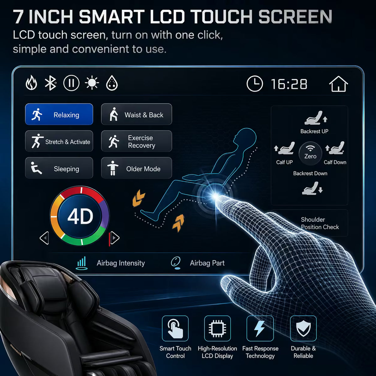 A 7-inch smart LCD touch screen controller shown on a massage chair, with a stylized hand touching the screen and feature icons around it. Text highlights touch screen features and massage chair controls.