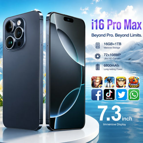 A dark blue iPhone 16 Pro Max shown from the back and front on a white pedestal, set against a scenic icy mountain background with promotional text and app icons.