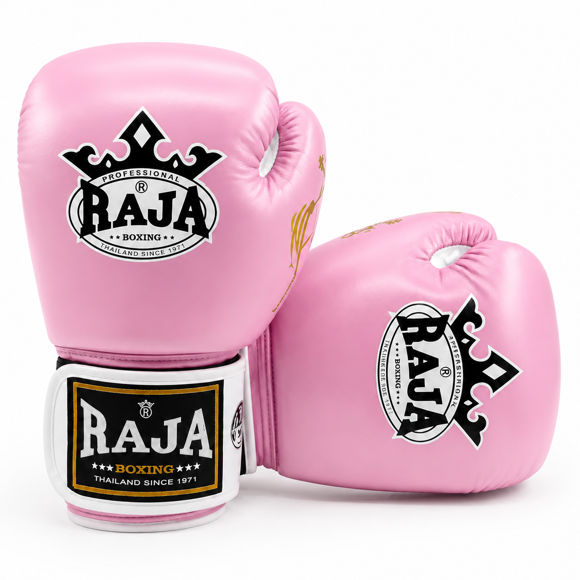 A pair of pink boxing gloves with black and white RAJA Boxing logos, displayed on a clean white background.