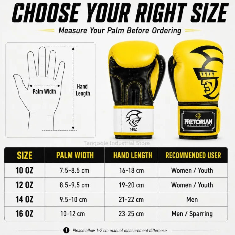 A size guide for boxing gloves showing a hand outline labeled palm width and hand length, two yellow and black Pretorian Boxing gloves, and a size chart table with palm width, hand length, recommended user, and weight options from 10 oz to 16 oz.