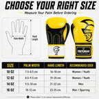 A size guide for boxing gloves showing a hand outline labeled palm width and hand length, two yellow and black Pretorian Boxing gloves, and a size chart table with palm width, hand length, recommended user, and weight options from 10 oz to 16 oz.