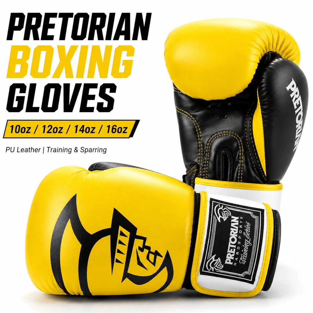 Two yellow and black Pretorian boxing gloves shown on a white background with promotional text reading 'Pretorian Boxing Gloves' and size options 10oz / 12oz / 14oz / 16oz.