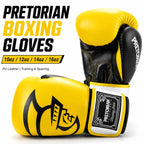 Two yellow and black Pretorian boxing gloves shown on a white background with promotional text reading 'Pretorian Boxing Gloves' and size options 10oz / 12oz / 14oz / 16oz.