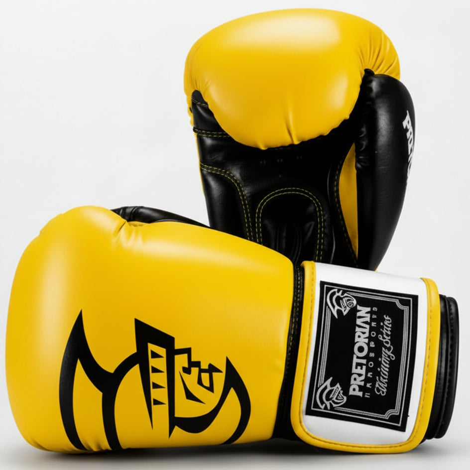 Yellow and black boxing gloves with a white brand label reading PRETORIA, shown on a light gray background with feature callouts and text about durable PU leather surface and reinforced stitching.
