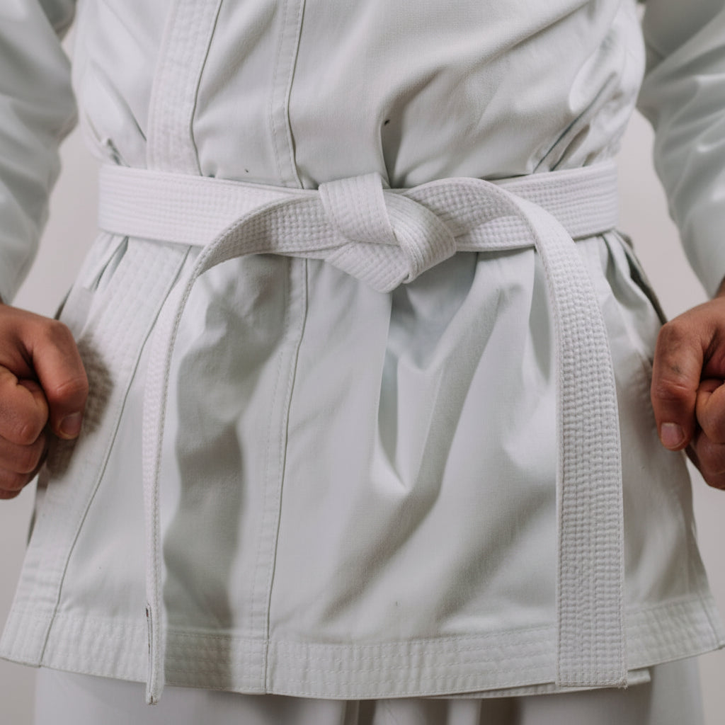 Person wearing a black belt in a martial arts uniform